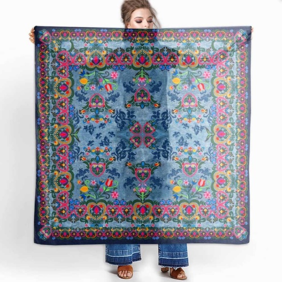 Floral Hippie Shawl. Printed Denim Swedish Folk Chiffon Scarf - Picture 4 of 12